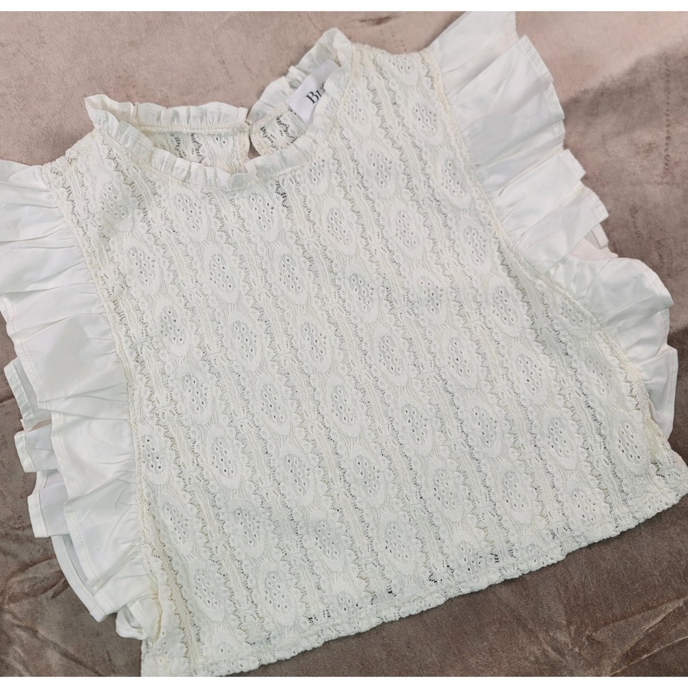 Bucket List Cream Lace Crop‎ Top Womens Medium Ruffle Sleeve Boho Cottagecore